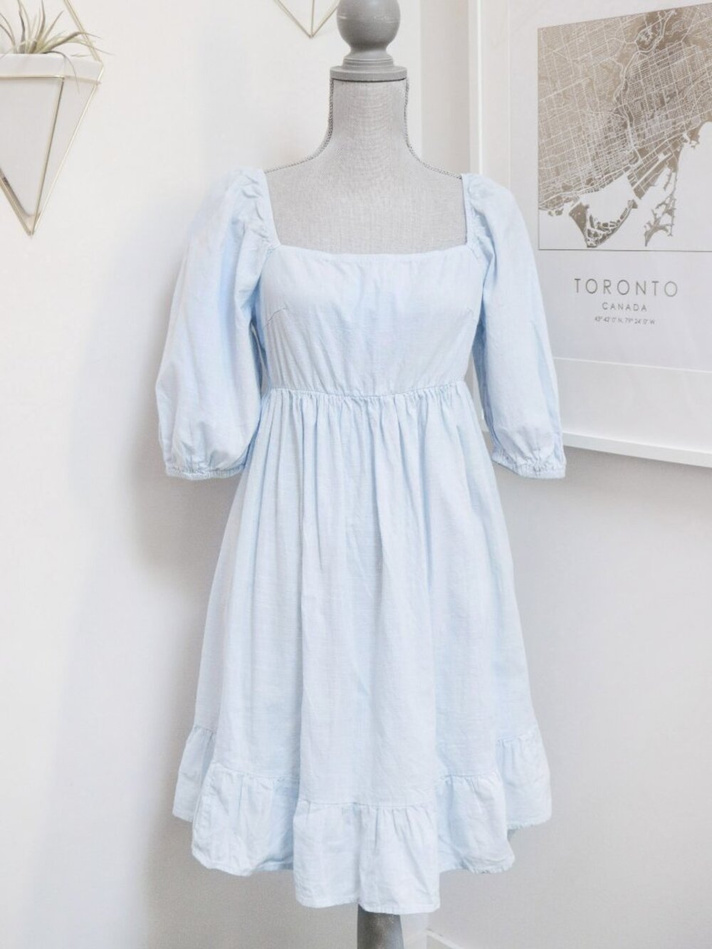 SHEIN Blue Cotton Peasant Style Babydoll Dress w/ Open Bowtie Back & Puff Sleeve